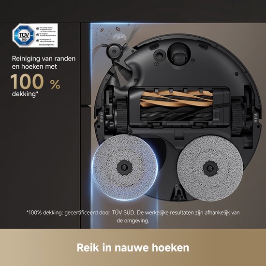 Robotstofzuiger met twee dweilpads en dubbele borstels, voor 100% reiniging van randen en hoeken.