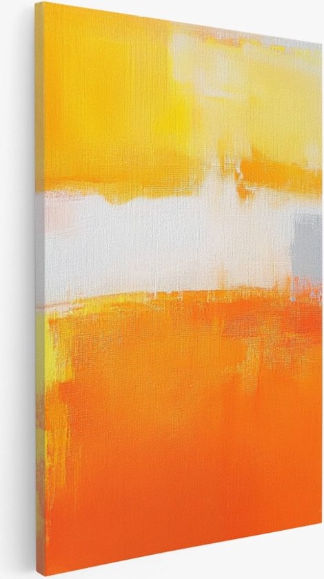 Peinture abstraite orange et blanc avec de larges coups de pinceau, avec une bande horizontale blanche au centre.