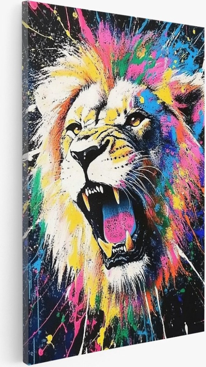 Saammp Canvas Schilderij - Leeuw met verfspetters - Abstract - Dieren - Natuur - 30x40 - Foto op canvas - Wanddecoratie - Muurdecoratie Woonkamer - Slaapkamer decoratie - Canvas Print Multicolor