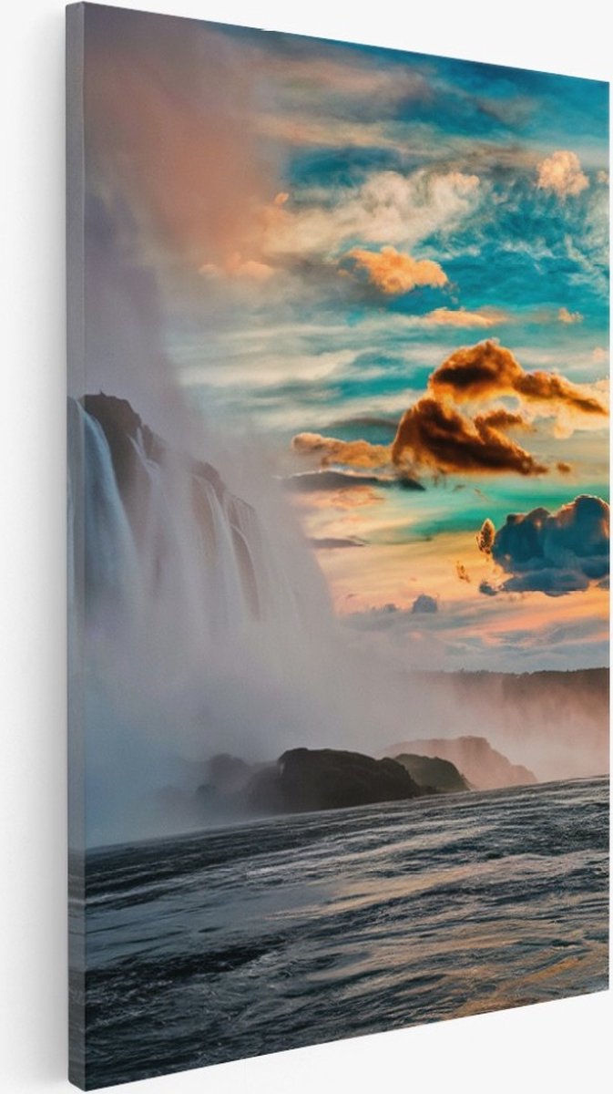Saammp Canvas Schilderij - Waterval met zonsondergang - Landschap - Natuur - 20x30 - Foto op canvas - Wanddecoratie - Muurdecoratie Woonkamer - Slaapkamer decoratie - Canvas Print Multicolor