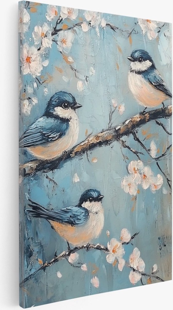 Saammp Canvas Schilderij - Abstract - 3 Vogels op takken - Natuur - Dieren - 30x40 - Foto op canvas - Wanddecoratie - Muurdecoratie Woonkamer - Slaapkamer decoratie - Canvas Print Multicolor