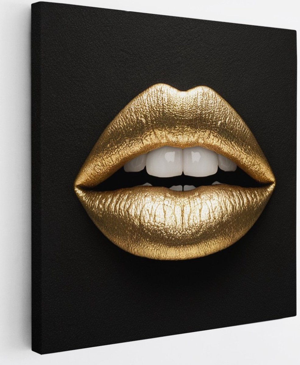 Saammp Canvas Schilderij - Lippen van goud - Abstract - 30x30 - Foto op canvas - Wanddecoratie - Muurdecoratie Woonkamer - Slaapkamer decoratie - Canvas Print Multicolor