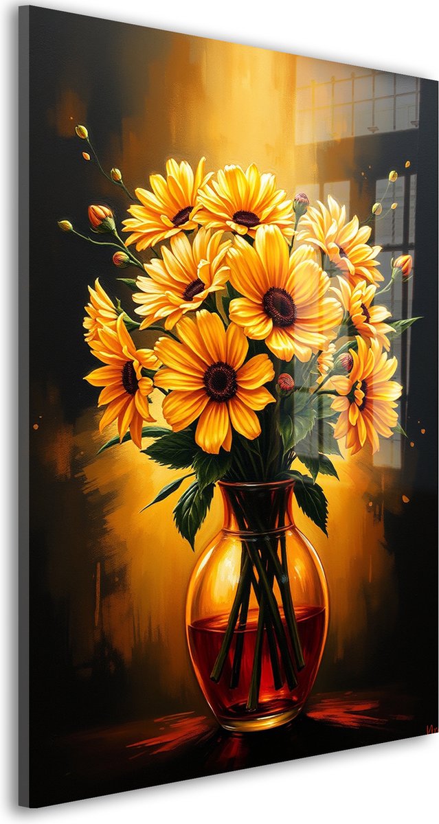 Glasschilderij Gouden Bloei - 60 x 40 cm - Bloemen - Bloemen en Planten - Acrylaat - Inclusief wandbevestiging - Foto op plexiglas - Wanddecoratie woonkamer – Modern – Modern