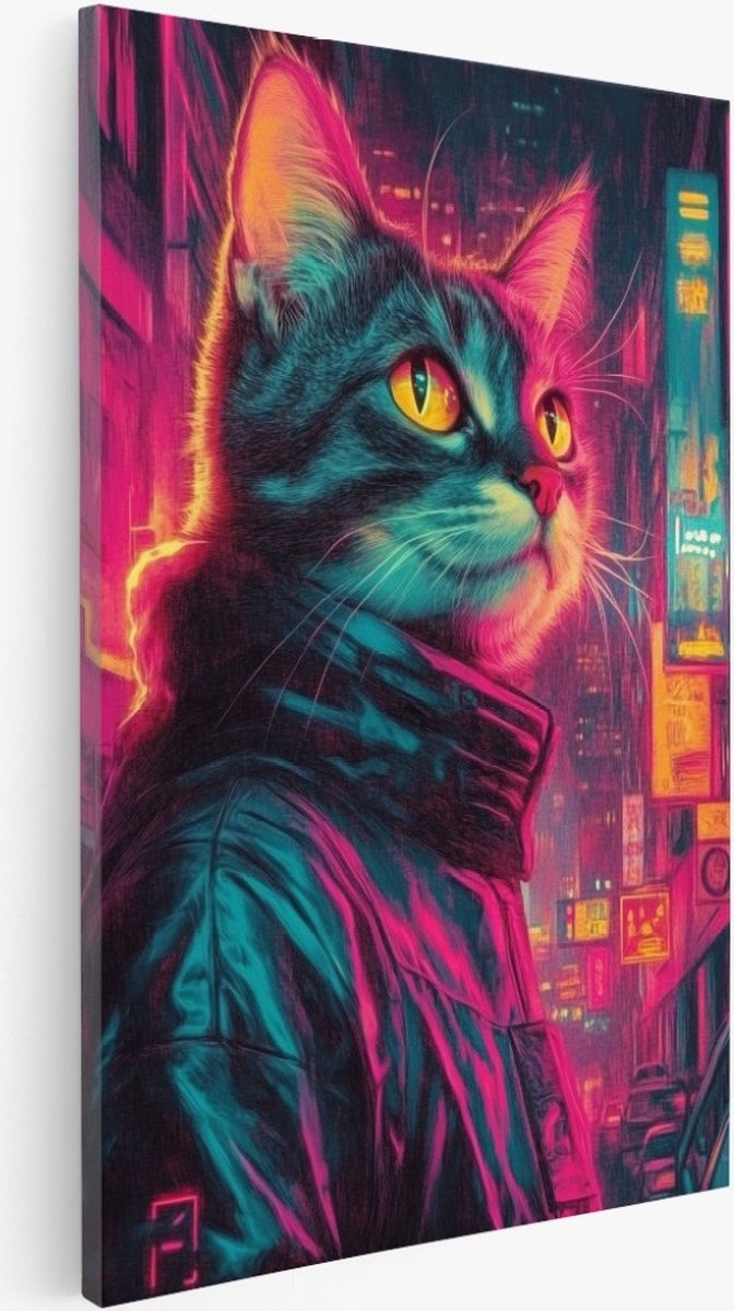 Saammp Canvas Schilderij - Poes in de stad - Dieren - Natuur - 30x45 - Foto op canvas - Wanddecoratie - Muurdecoratie Woonkamer - Slaapkamer decoratie - Canvas Print Multicolor