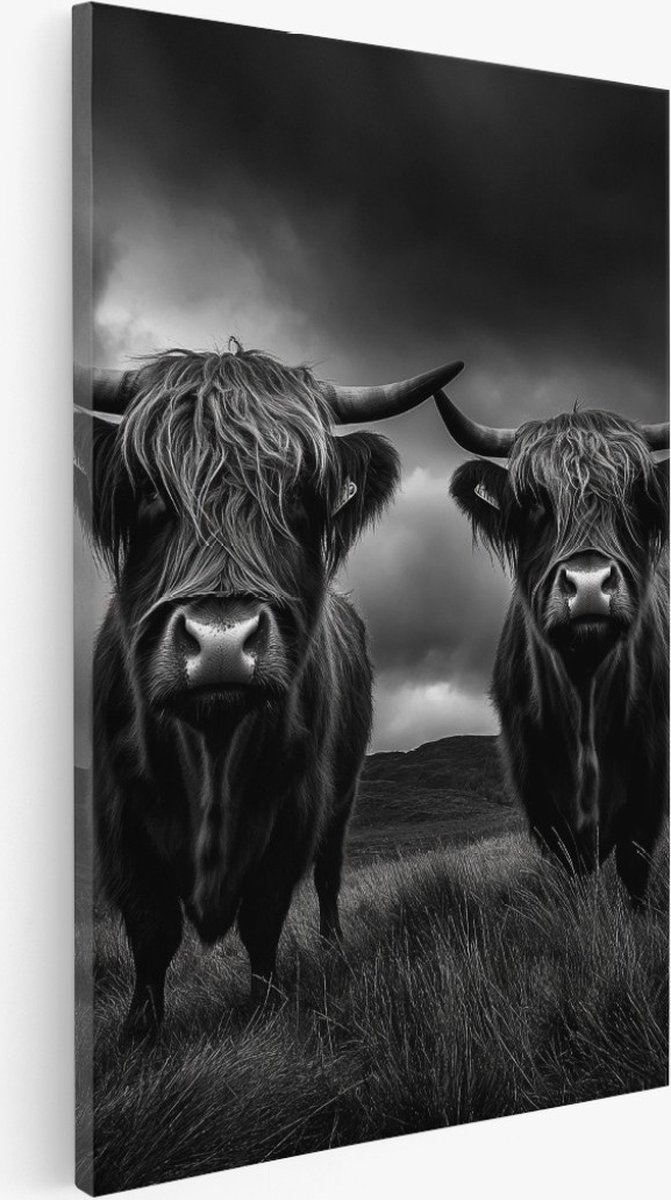 Saammp Canvas Schilderij - 2 Schotse Hooglander Koe - Storm - Dieren - Natuur - 75x100 - Foto op canvas - Wanddecoratie - Muurdecoratie Woonkamer - Slaapkamer decoratie - Canvas Print Multicolor