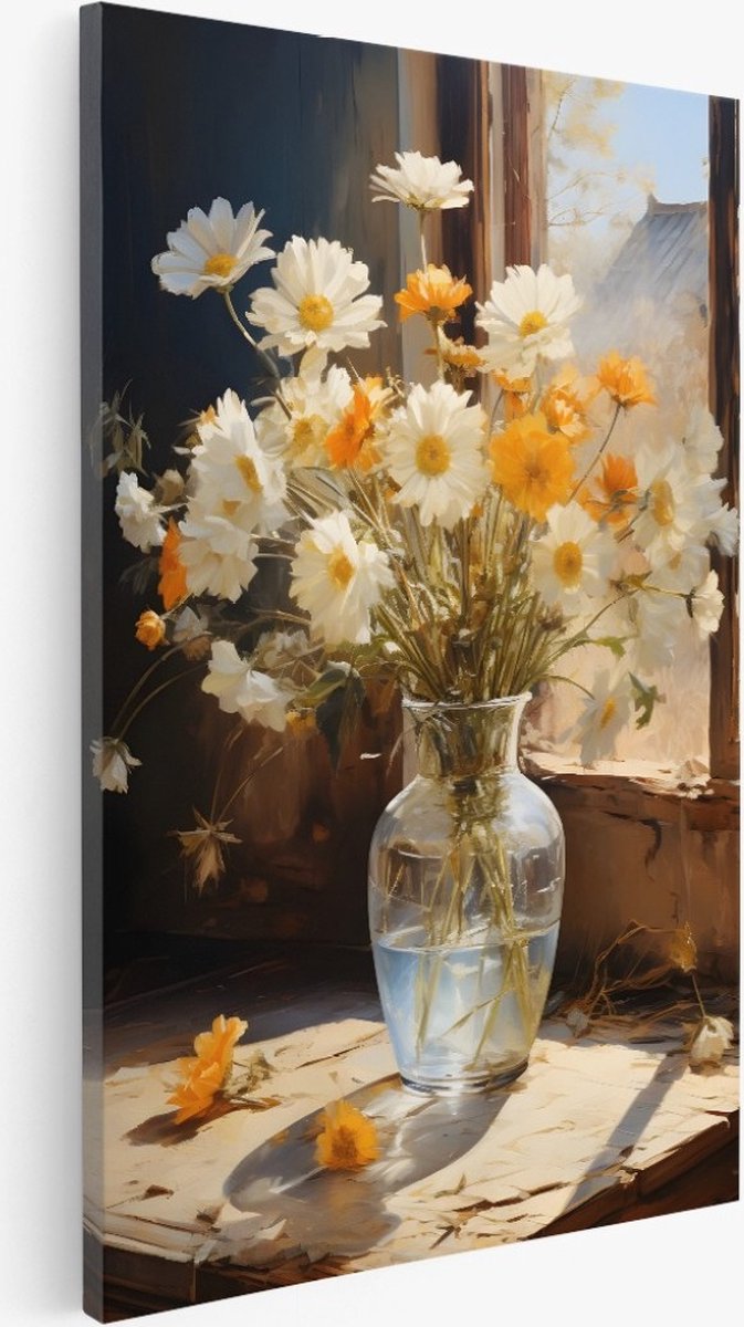 Saammp Canvas Schilderij - Wit en oranje bloemen in vaas - Abstract - 40x50 - Foto op canvas - Wanddecoratie - Muurdecoratie Woonkamer - Kantoor Decoratie Multicolor