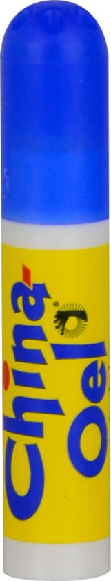 Blauw-witte inhalator met China Olie logo op een gele band.