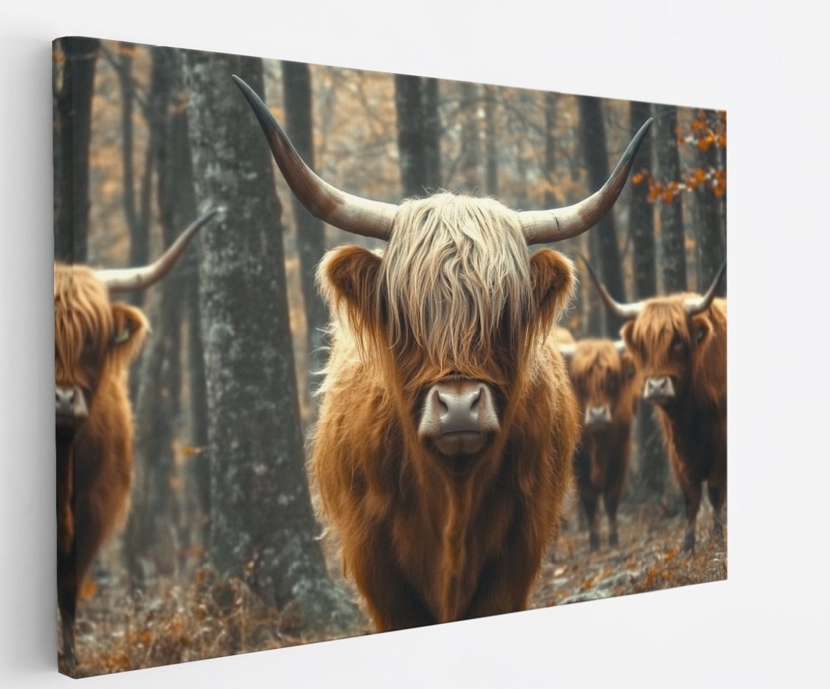 Saammp Canvas Schilderij - Groep Schotse Hooglander Koeien - Landschap - Dieren - Natuur - 50x40 - Foto op canvas - Wanddecoratie - muurdecoratie Woonkamer - Slaapkamer decoratie - Canvas Print Multicolor