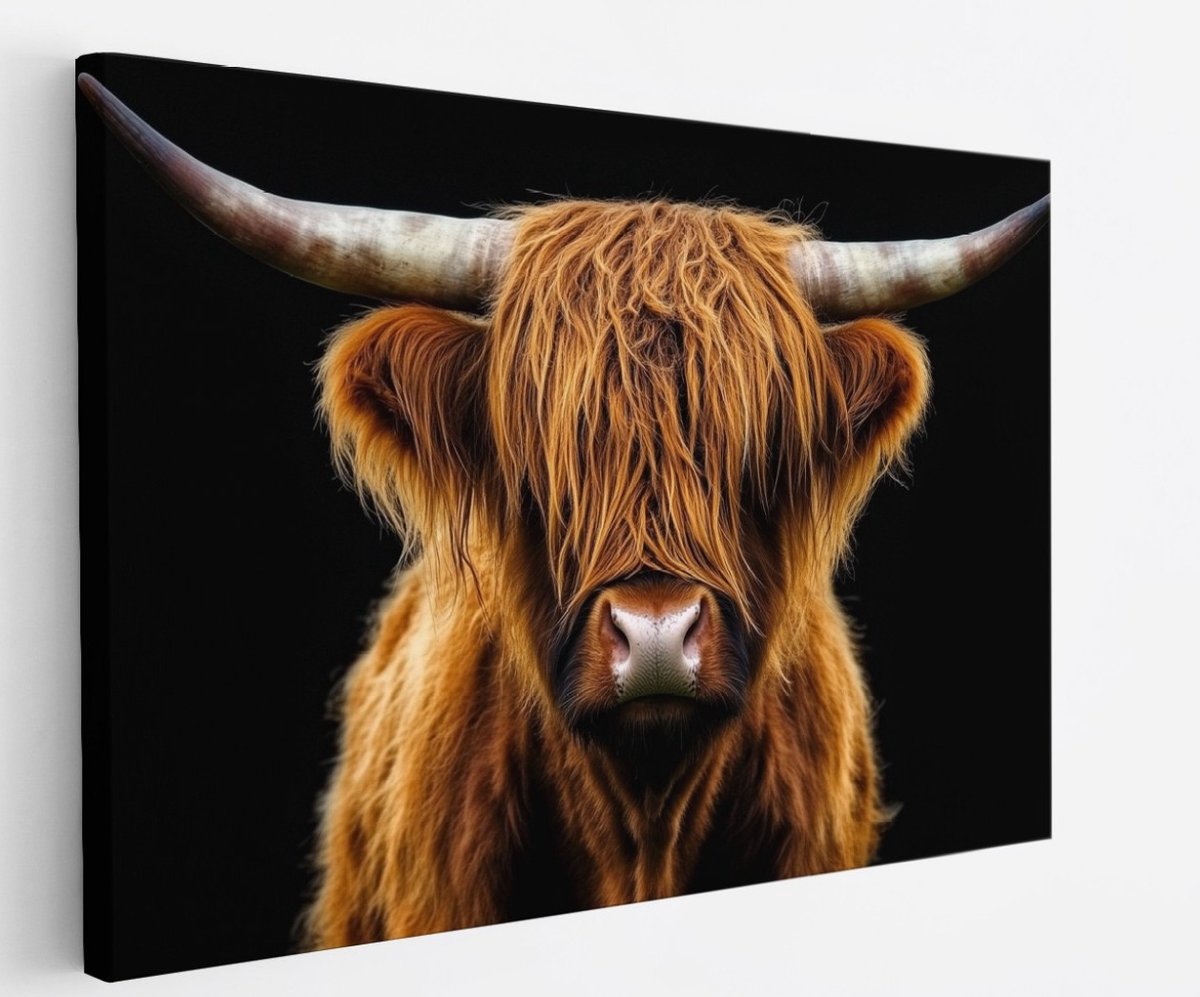 Saammp Canvas Schilderij Schotse Hooglander Koe in het hoge gras - Dieren - Natuur - 70x50 - Foto op canvas - Wanddecoratie - muurdecoratie Woonkamer - Slaapkamer decoratie - Canvas Print Multicolor