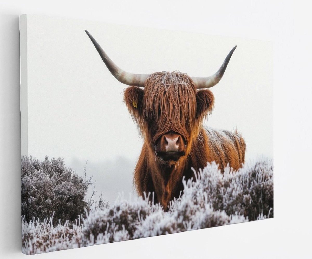 Saammp Canvas Schilderij - Schotse Hooglander Koe - Bevroren gras - Dieren - Natuur - 150x100 - Foto op canvas - Wanddecoratie - muurdecoratie Woonkamer - Slaapkamer decoratie - Canvas Print Multicolor