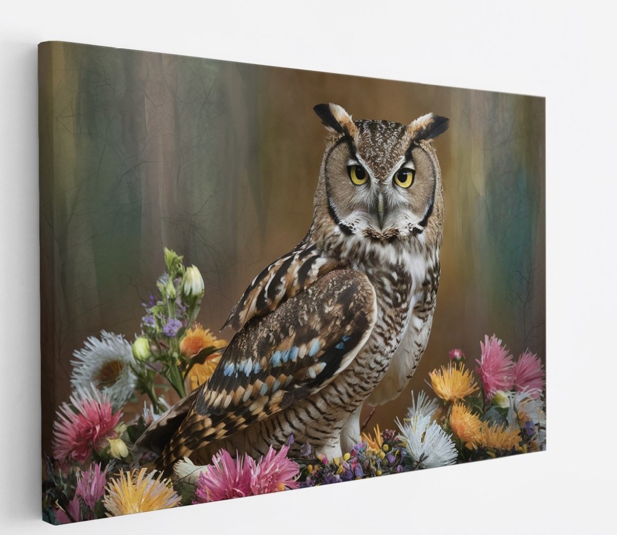 Saammp Canvas Schilderij - Uil tussen kleurrijke bloemen - Dieren - 100x75 - Foto op canvas - Wanddecoratie - muurdecoratie Woonkamer - Slaapkamer decoratie - Canvas Print Multicolor