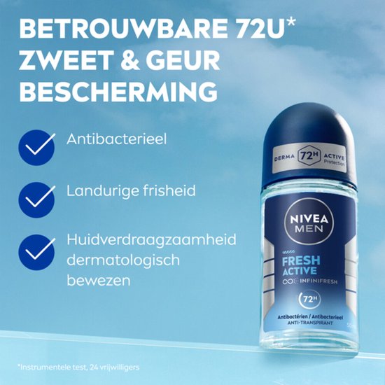 Nivea Men Fresh Active roll-on deodorant 50ml met 72u zweet- en geurbescherming.