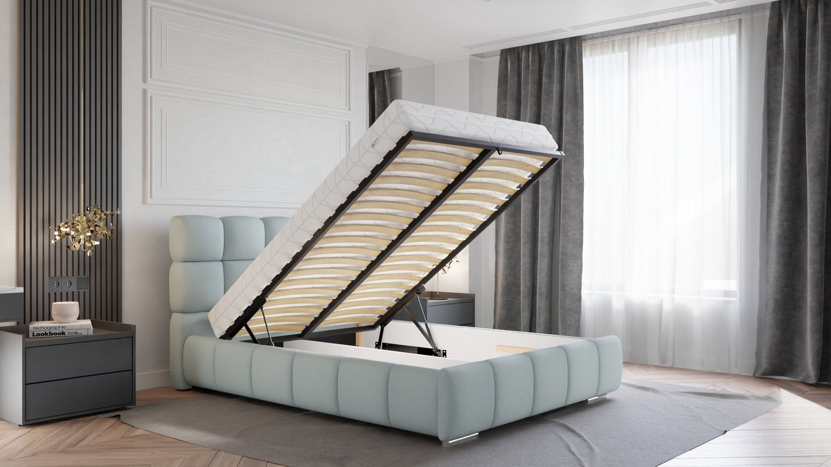 Homesy The Essence of Comfort Tweepersoonsbed Bliss 140 x 200 cm met opbergruimte, lattenbodem en 7zonen Multipocketmatratze CIRA (24cm) lichtblauw