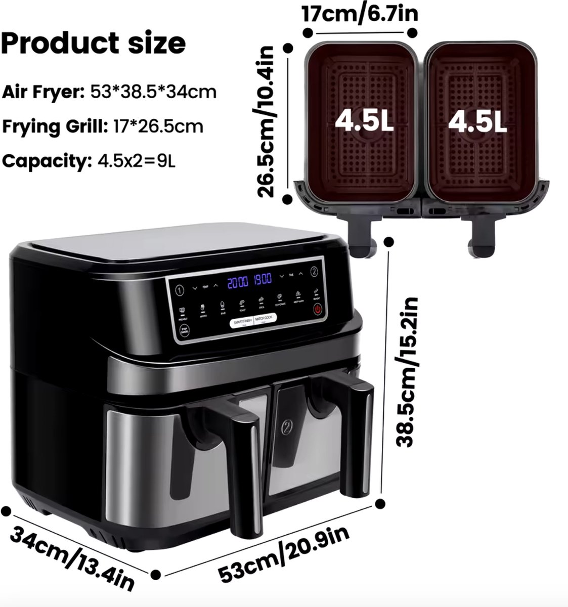 Afbeelding 2 van Airfryer - Dubbele Airfryer - Grote airfryer - Hetelucht oven - Heteluchtfriteuse - XL Airfryer - 9L - 2 Laden - Zwart