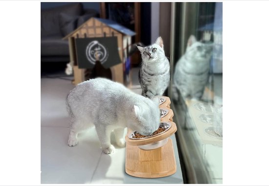 GHIAKQYT Verhoogde Voerbak Voor Katten – 3 Roestvrijstalen Kommen, In Hoogte Verstelbaar