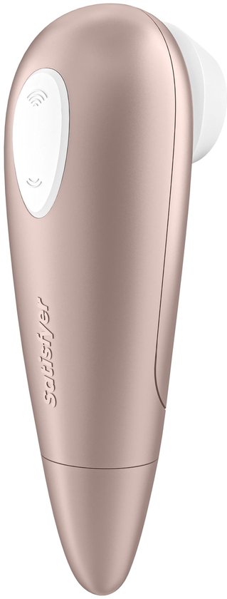 Rosegouden clitorisstimulator met witte bedieningsknop en opschrift 'Satisfyer'.