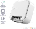 Witte, compacte inbouwschakelaar met aansluitingen L, S, L, N en logo's voor Google Home en Apple Home.