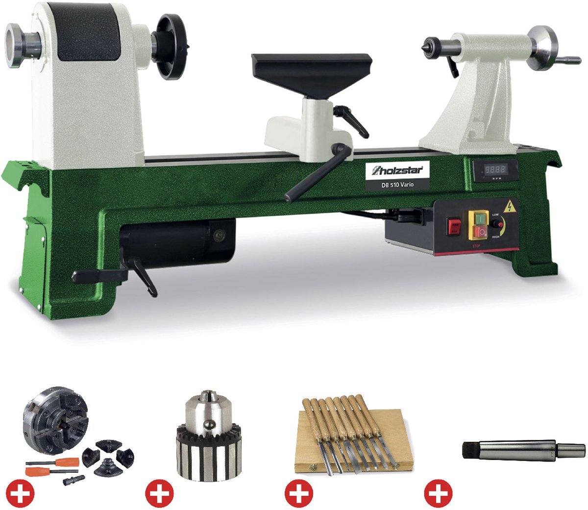 Pack houtdraaibank 355x510mm + klauwplaat 4 bekken dia. 100mm + 8 dlg draaibeitels + boorkop + boorkopstaart Holzstar DB510 VARIO PACK