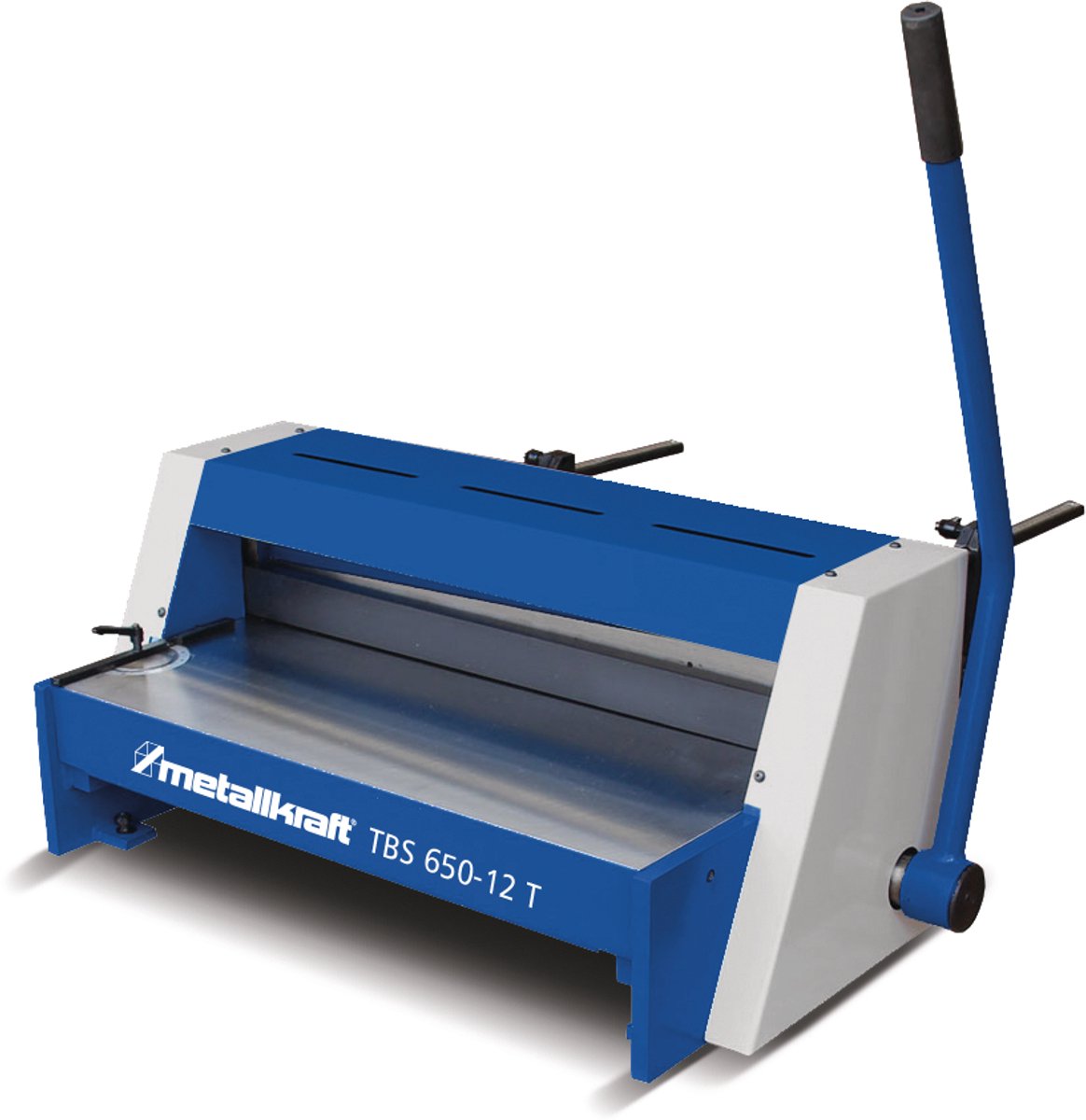 Manuele plaatschaar tafelmodel werkbreedte 650 mm plaatdiktes tot 1,25 mm in staal achteraanslag 500 mm snijlijnverlichting Metallkraft TBS650-12T