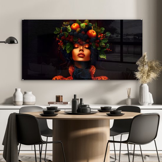 MuchoWow® Glasschilderij 120x60 cm - Schilderij acrylglas - Vrouw - Zwart - Bessen - Bramen - Appels - Foto op glas - Muurdecoratie woonkamer - Wanddecoratie slaapkamer - Schilderijen