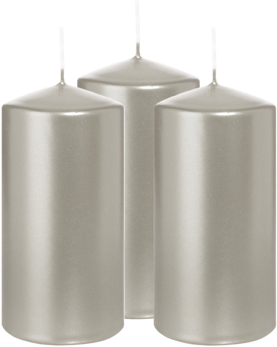 Wiedemann Cilinderkaars/stompkaars - 3x - metallic zilver - 12 x 6 cm - 33 branduren - zuilkaarsen