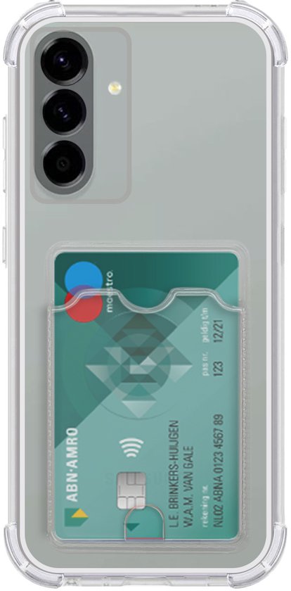 Coque de téléphone transparente avec une carte de crédit verte dans la poche à l'arrière.