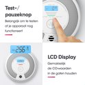 Witte rook- en koolmonoxidemelder met LCD-scherm dat "CO 0 ppm" en een batterij-icoon toont.