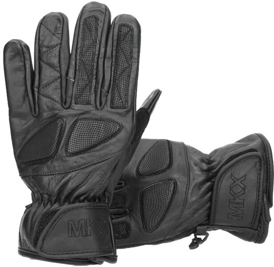Zwarte lederen MKX motorhandschoenen met gestikte patronen en versterkte grip op de handpalm en vingers.