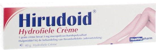 Hirudoid Hydrofiele Crème verpakking met benen en tekst.