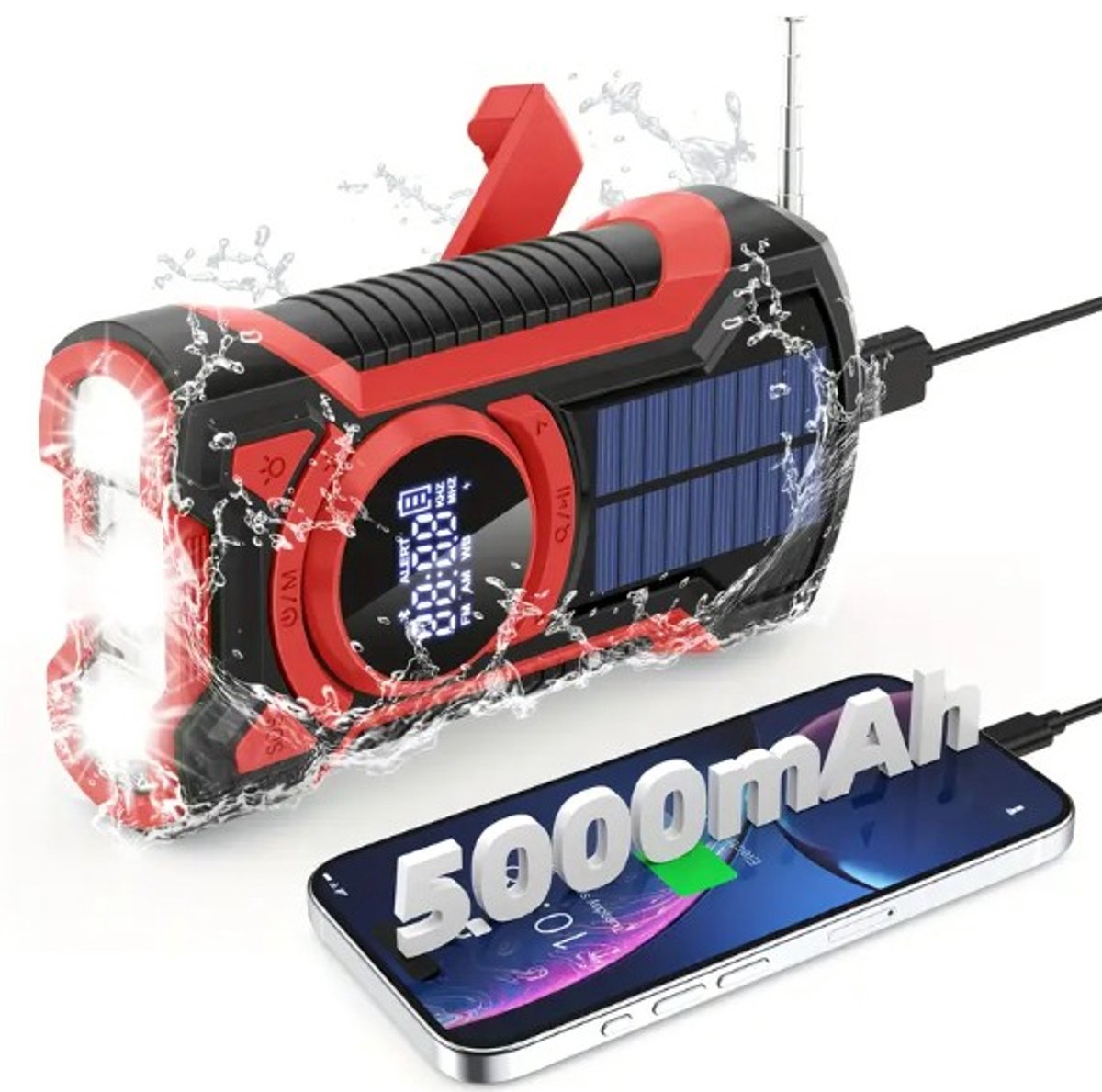 Dutchers® Onverwoestbare Noodradio 5000 mAh - Schok- en valbestendig - Solar Opwindbaar - Opwindbare Radio - Survival - Dynmo en Zonnepaneel - Powerbank - Dynamo Radio - Zaklamp - Noodpakket - Telefoon opladen