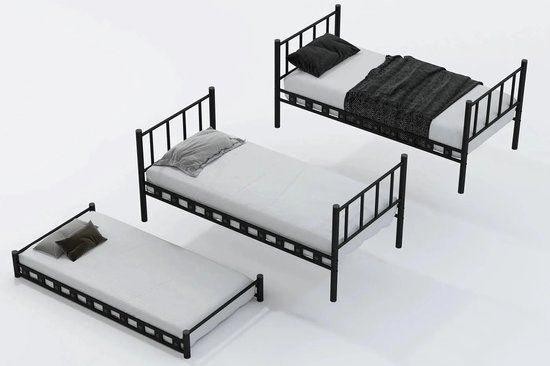 AirSleeperz® heavy duty metalen stapelbed Emma Family - kinderbed hoogslaper voor 3 personen - Kleur: zwart - Afmeting 90x200x175 cm