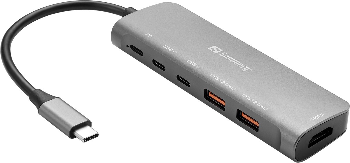 Image of Sandberg - USB-C Dock HDMI + 2xUSB-A + 2xUSB-C + PD100W Bedraad - USB 3.2 Gen 1 (3.1 Gen 1) - Type-C - Aluminium