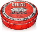 Rood Reuzel pomadeblik "HOLLANDS FINEST POMADE REUZEL", 12 oz./340g, met een varken erop.