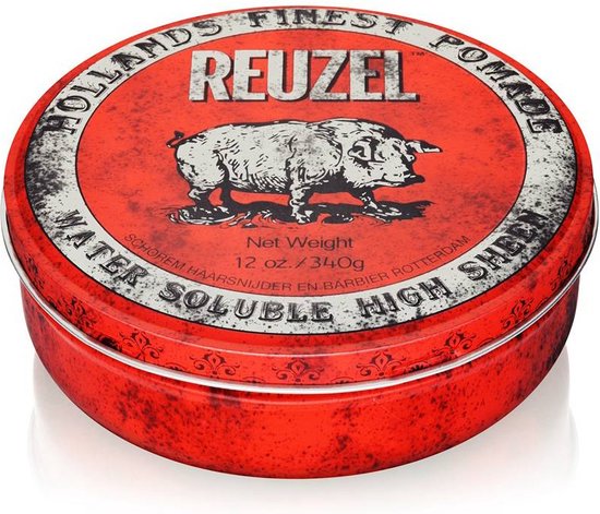 Rood Reuzel pomadeblik "HOLLANDS FINEST POMADE REUZEL", 12 oz./340g, met een varken erop.