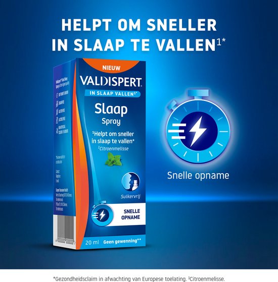 Valdispert Slaap Spray: blauwe doos met oranje accenten en flesje. Tekst: 'Helpt om sneller in slaap te vallen', 'Snelle opname'.