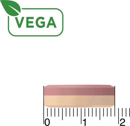 Een enkele biconcave tablet, roze en beige van kleur, gemeten met een liniaal. "VEGA" logo.