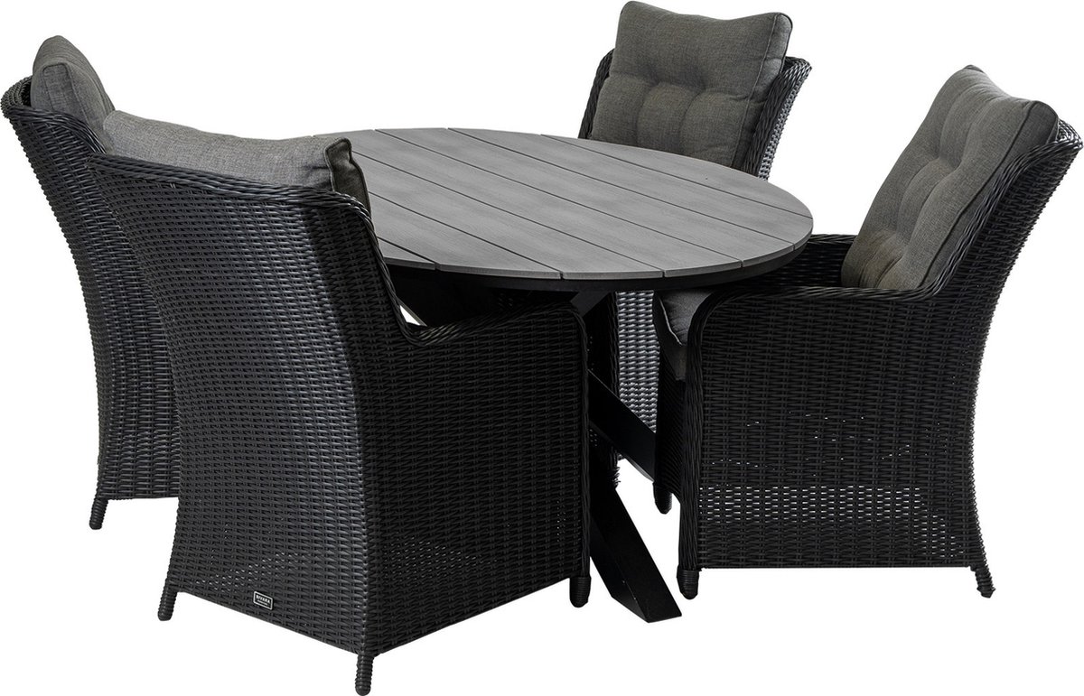 Tuinset met 4 Dublin tuinstoelen en ovale Cyprus tuintafel in grijs.