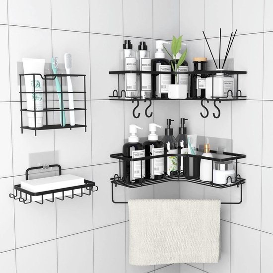 thumbnail: GUHAOOL Doucherek Zonder Boren – 5 Planken, Verstelbaar 100-320 Cm – Roestvrij Staal Met 4 Haken En Handdoekhouder