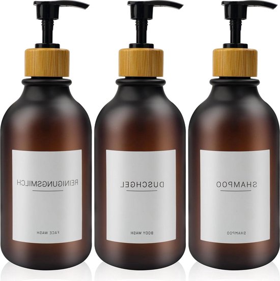 Amberkleurige plastic fles - hervulbare fles met label en roségouden pompdispenser | Voor shampoo, handzeep, crème, bodywash | Eco: - Nederland