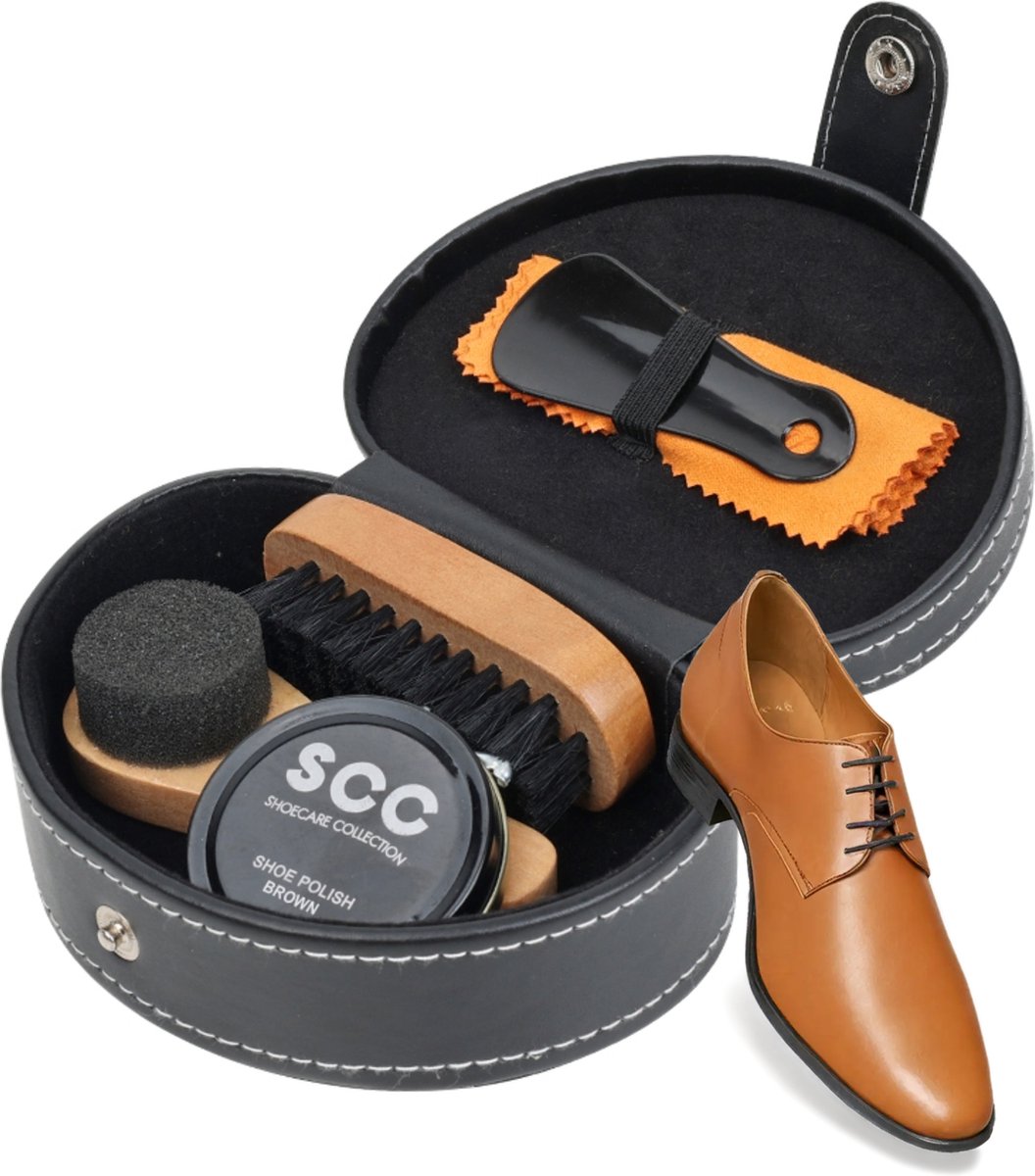 Schoenpoetsset Bruin - Schoenpoets Borstel Set - Incl. Schoensmeer / Ledervet , Schoenlepel, Uitpoetsborstel, Schoenborstel - Schoenverzorging Leer - Kerst, Sinterklaas, Verjaardag Cadeau