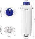 Gedetailleerde afmetingen van een wit waterfilter met blauwe dop.