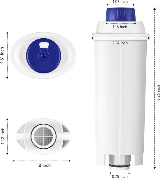 Gedetailleerde afmetingen van een wit waterfilter met blauwe dop.