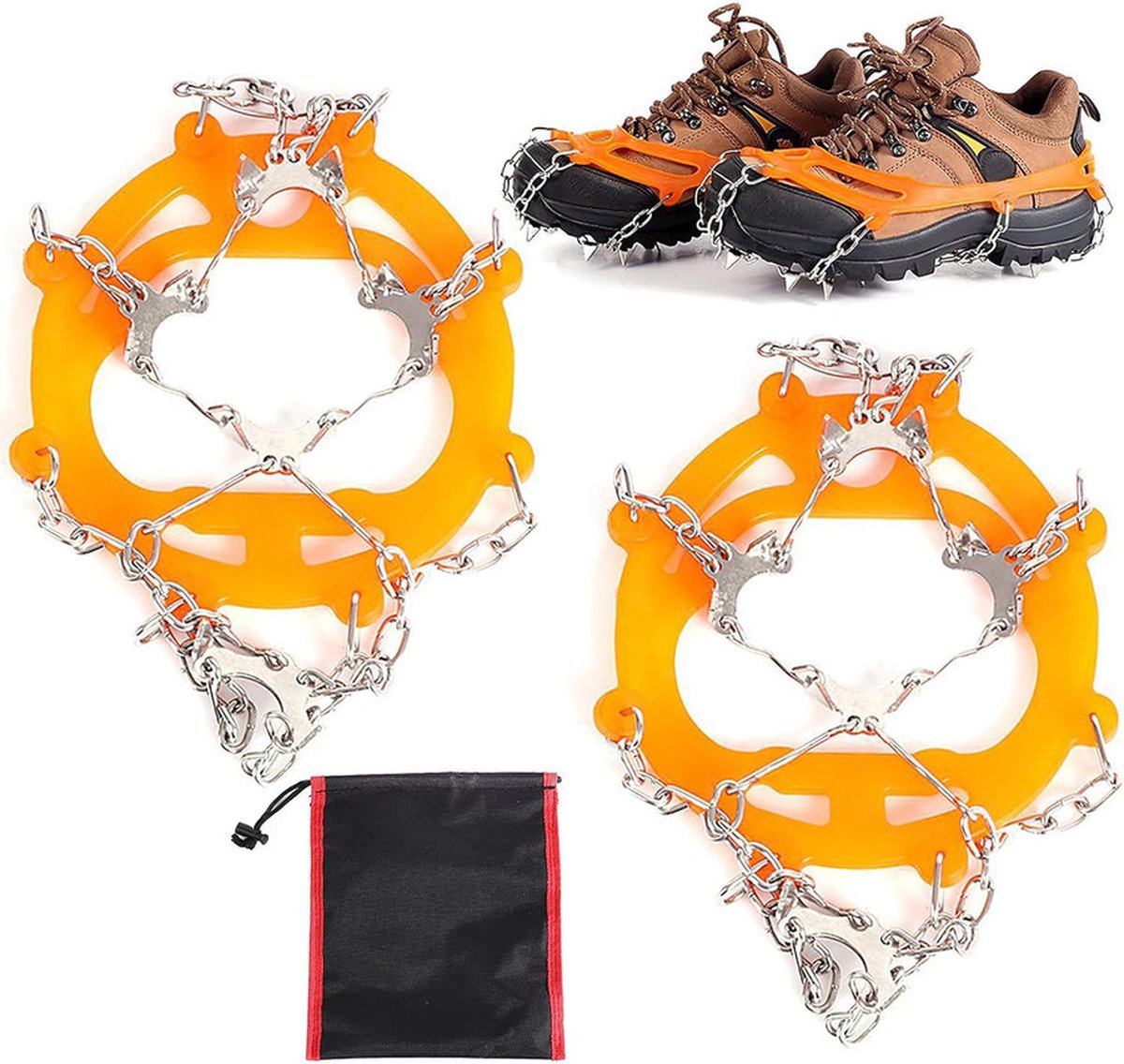 IJs spikes voor schoenen | IJs- en sneeuw noppen | 1 paar met elastische band en dubbele ketting | 10-tands ijs- en sneeuwnoppen | Voor wandelschoenen, bergbeklimmen, hiken | Geschikt voor maten 36-45 - Oranje