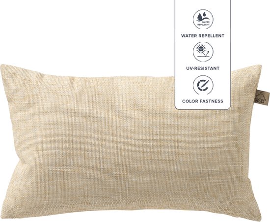 Creme Brulee sierkussen, 30x50 cm, met grove textuur en waterafstotende en UV-bestendige eigenschappen.