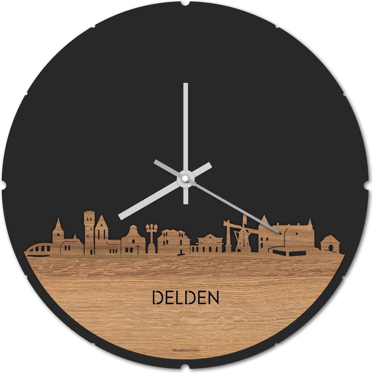 Skyline Klok Rond Delden Eikenhout - Ø 44 cm - Stil uurwerk - Wanddecoratie - Meer steden beschikbaar - Woonkamer idee - Woondecoratie - City Art - Steden kunst - Cadeau voor hem - Cadeau voor haar - Jubileum - Trouwerij - Housewarming -