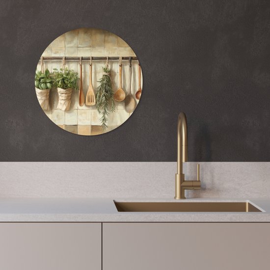 WallCircle® Wandcirkel 30x30 cm - Muurcirkel Hout - Keukengerei - Stilleven - Tegels - Muurdecoratie woonkamer - Wanddecoratie keuken - Kamer decoratie accessoires - Ronde schilderijen