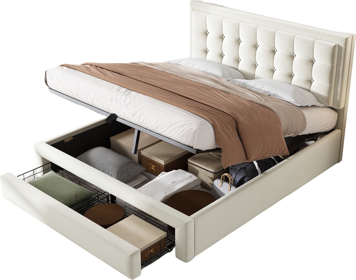 Merax Gestoffeerd Tweepersoonsbed 140x200 cm met Lattenbodem en Verstelbaar Hoofdbord - Bed met Hydraulisch Opbergruimte en 2 Lades - Beige Fluweel