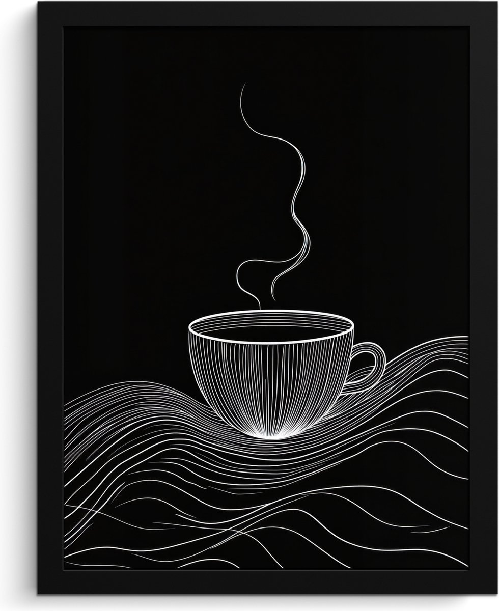 FrameYourWall Fotolijst inclusief poster - Posterlijst 30x40 cm - Posters - Lijntekening - Koffiekop - Zwart - Foto in lijst - Keuken decoratie muur - Wanddecoratie accessoires - Muurdecoratie - Schilderijen