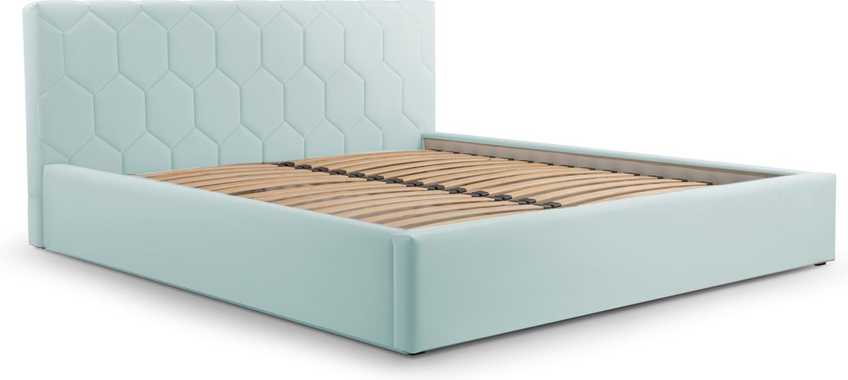Tweepersoonsbed met fluwelen bekleding, met hoofdeinde, lattenbodem, bed voor volwassenen - BED 02 - 140x200 - Lichtblauw (TRINITY 22)