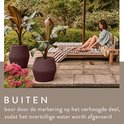 Paarse bloempotten met planten buiten op een terras met een vrouw op een ligbed.